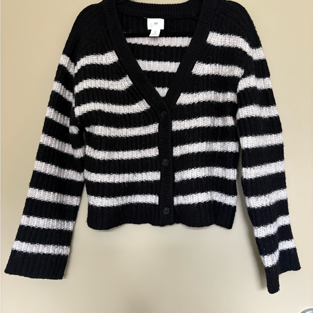 H&M Black and White Striped Cardigan Sweater